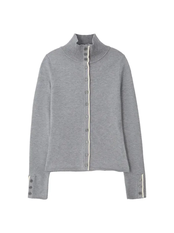 Line Point High Neck Cardigan_ Gray