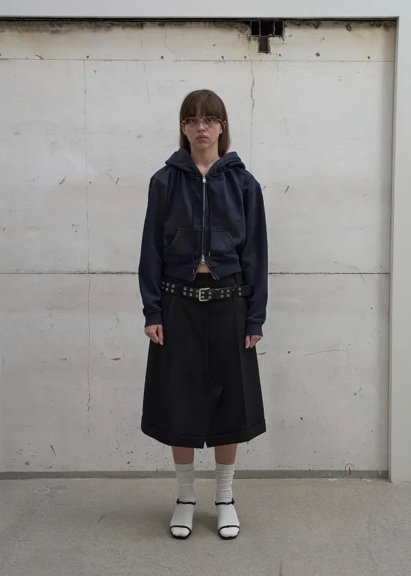 WASHED SHIRRING HOODIE ZIP-UP (NAVY)