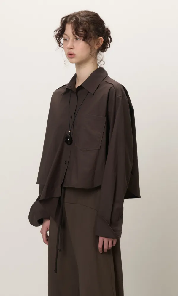 Cotton Ruffle Crop Shirts_Brown