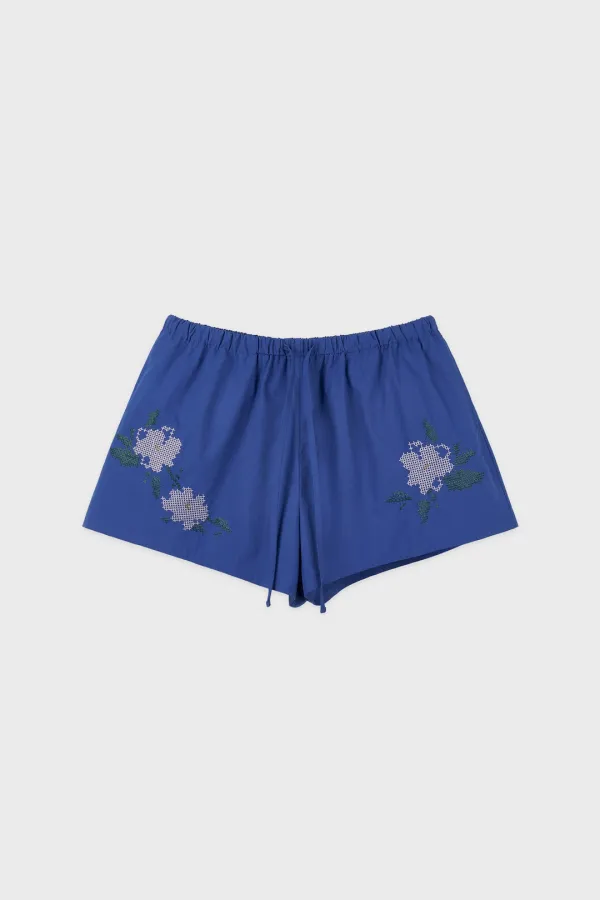 Floral Embroidered Short Pants (Blue)