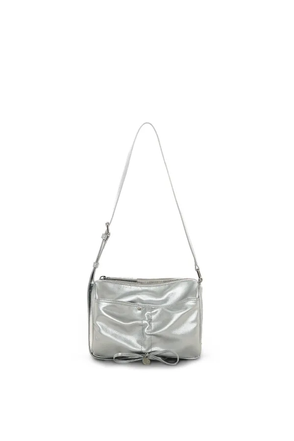 FRONT SHIRRING RIBBON MINI BAG IN SILVER