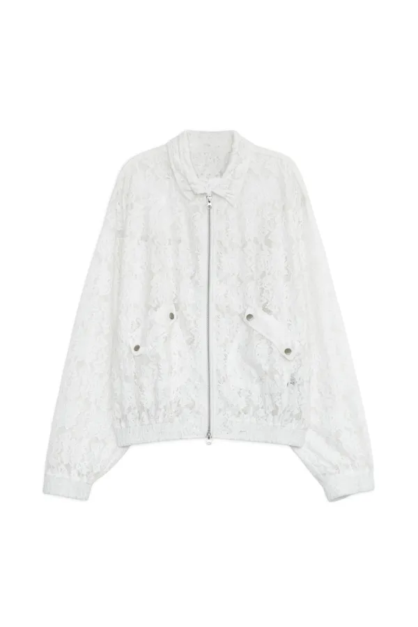LACE BOMBER SHIRRING JACKET, WHITE
