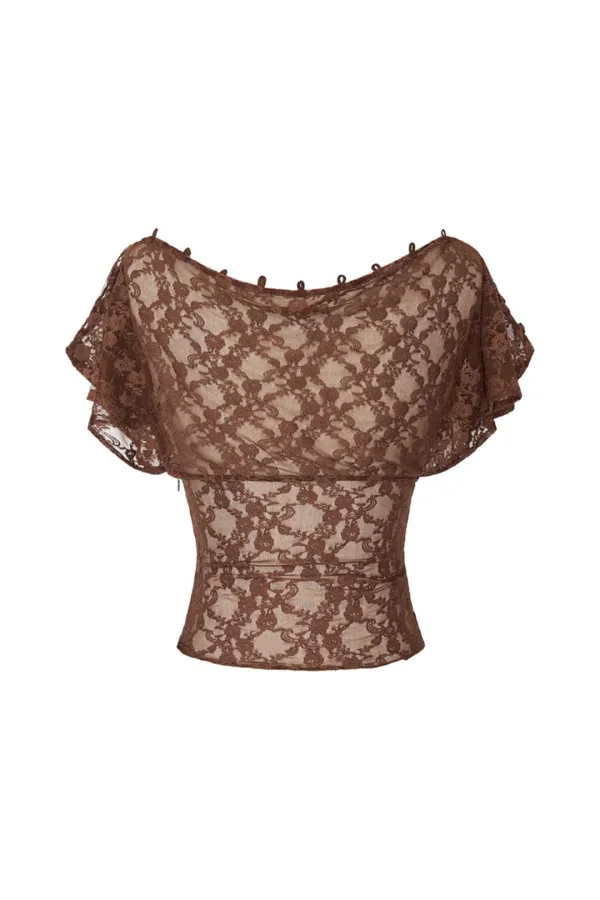 LACE BUTTON TOP (BROWN)
