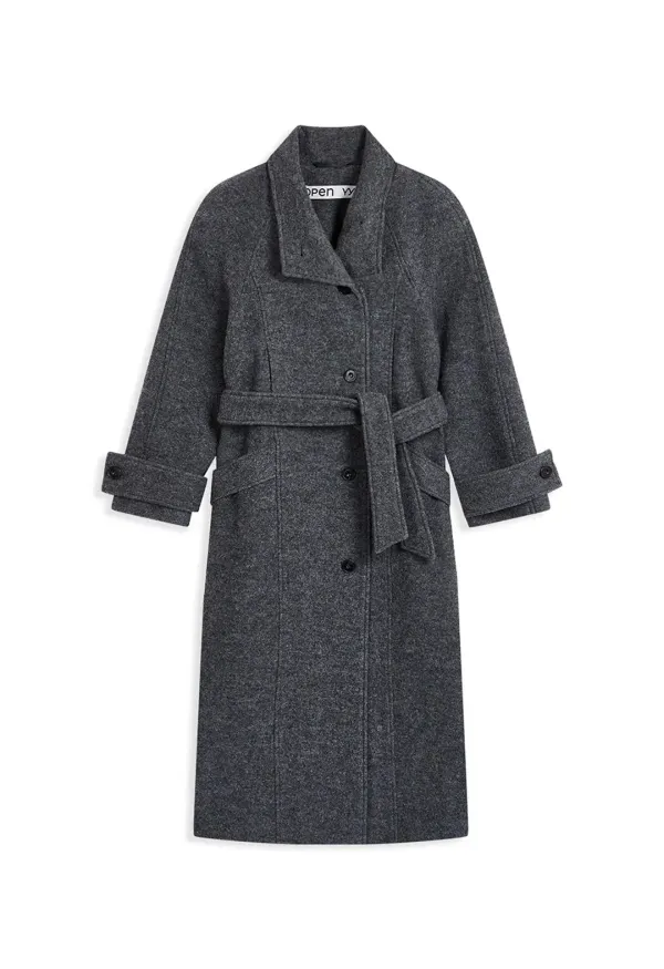 WOOL HIGH-NECK COCOON COAT, GRAY