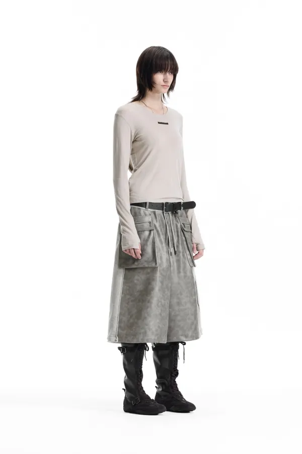 Raw-Cut Hooded Long Sleeve T-Shirt [ Beige ]