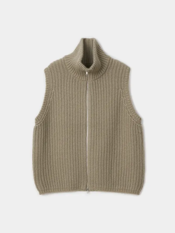 High neck Knit Zip-up Vest (light khaki)