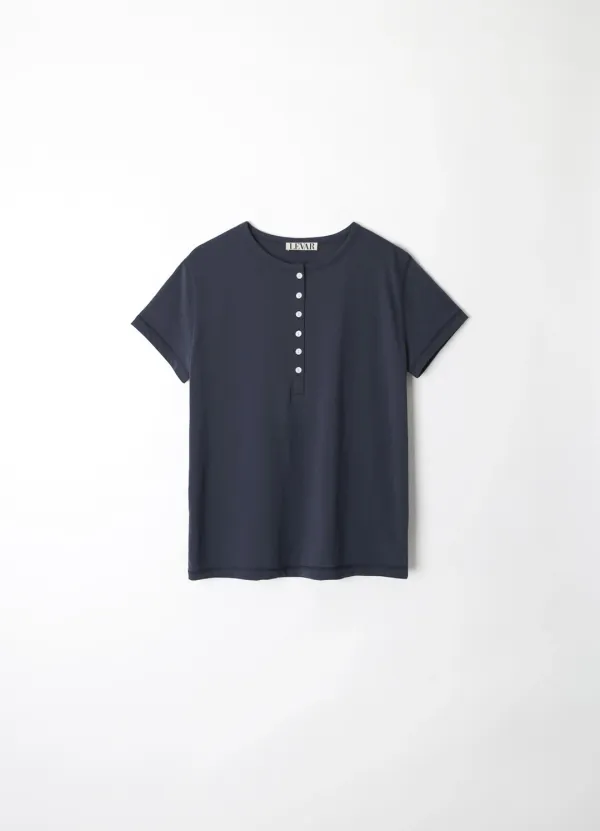 Henley Neck Cotton T-shirt - Blueberry Navy