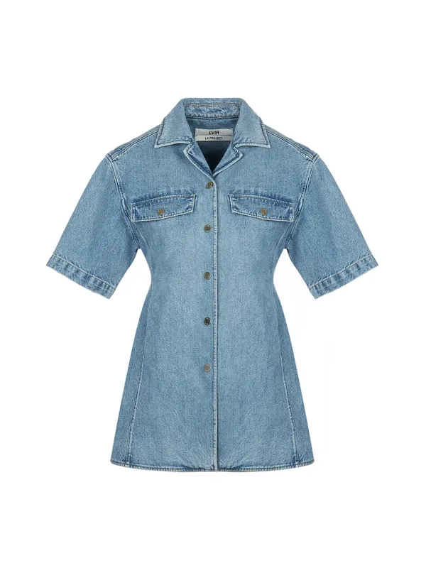 WASHED DENIM OPEN-COLLAR SHIRT (BLUE)