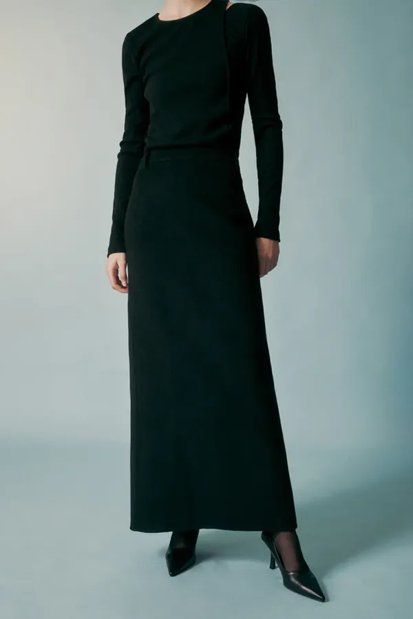 HANDMADE CASHMERE WOOL BLEND MAXI SKIRT BLACK