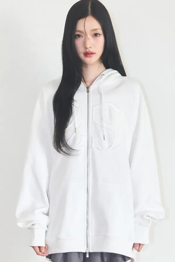129 로고 패치 후드 집업 화이트