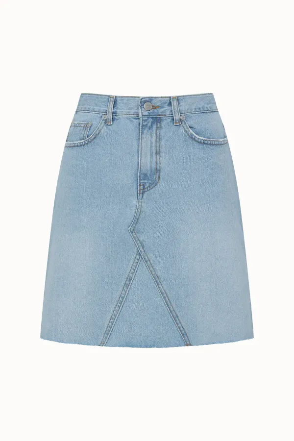 Cutting Midi Denim Skirt[LMBDSUDN4118]-Light Blue