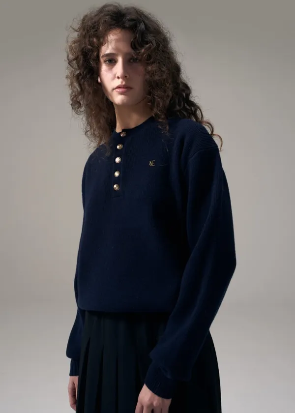 WOOL HENLEY NECK SWEATER - DARK NAVY