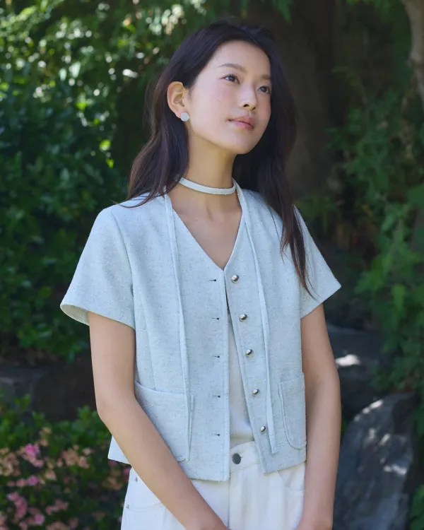 V neck choker half tweed jacket - mint