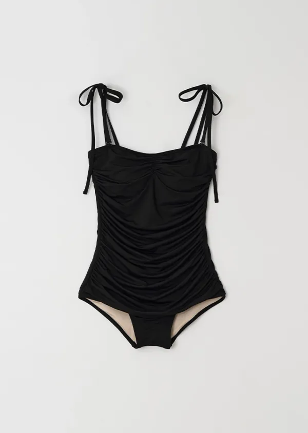 shirring sleeveless swimsuit-black