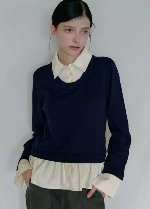 [44-120]  Vaeline Layered Shirts Knit  베일린 레이어드 셔츠 니트 (가을-봄-데일리룩-출근룩-하객룩-격식룩-브이넥니트-셔츠-배색-레이어드-원웨어-긴팔니트-셔츠니트-페미닌-클래식-자체제작)