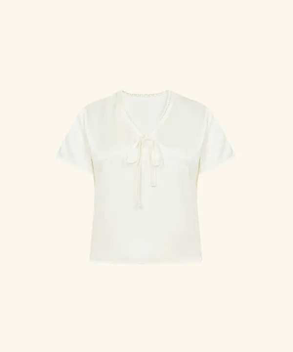 Satin V-neck Ribbon Top ( Ivory )