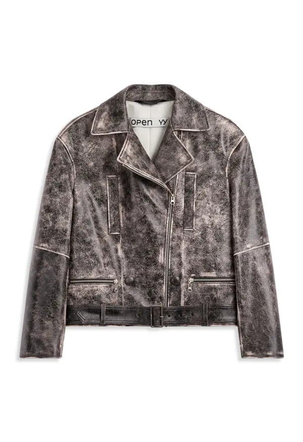 FADED LEATHER MOTO JACKET, BROWN