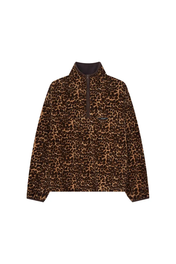 LEOPARD FLEECE HALF-ZIP SWEATSHIRT (BROWN)