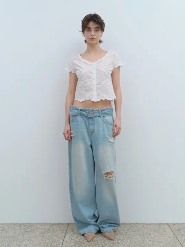 Belted Damage Wide Jeans [Washed Blue]