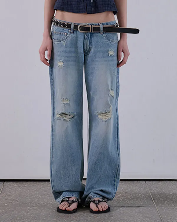 DISTRESSED STRAIGHT JEANS - BLUE