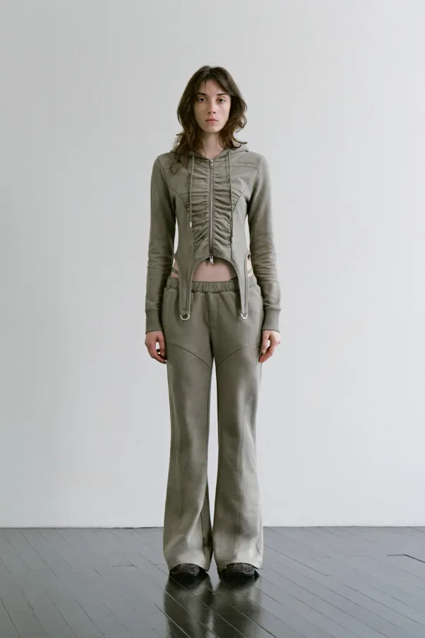 Garter-Hem Slim Hooded Set-up Zip up [ Khaki ]