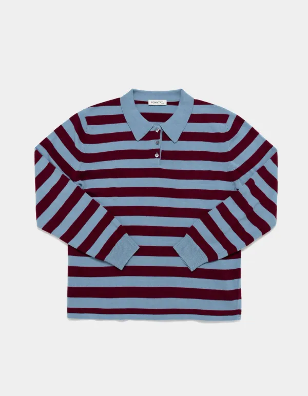 Suki Stripe Polo Knit (Sky Blue & Burgundy)