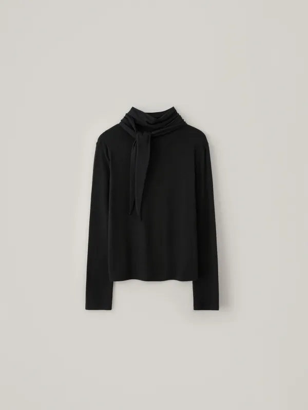 Wool Tie Neck Top - Black