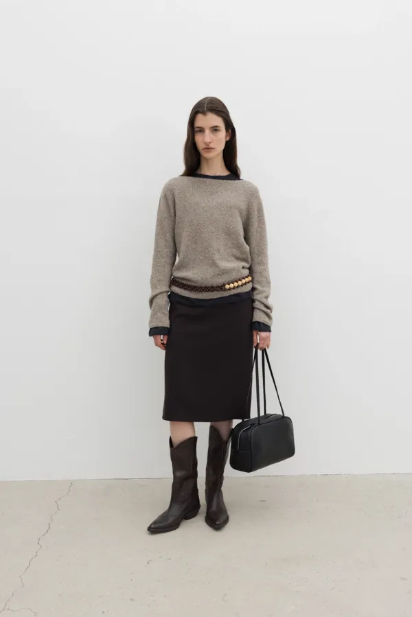 Clean Waist Midi Skirt (Brown / Black)