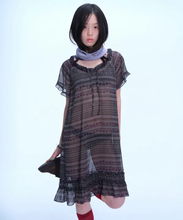 CHIFFON SHIRRING ONE PIECE PURPLE BROWN