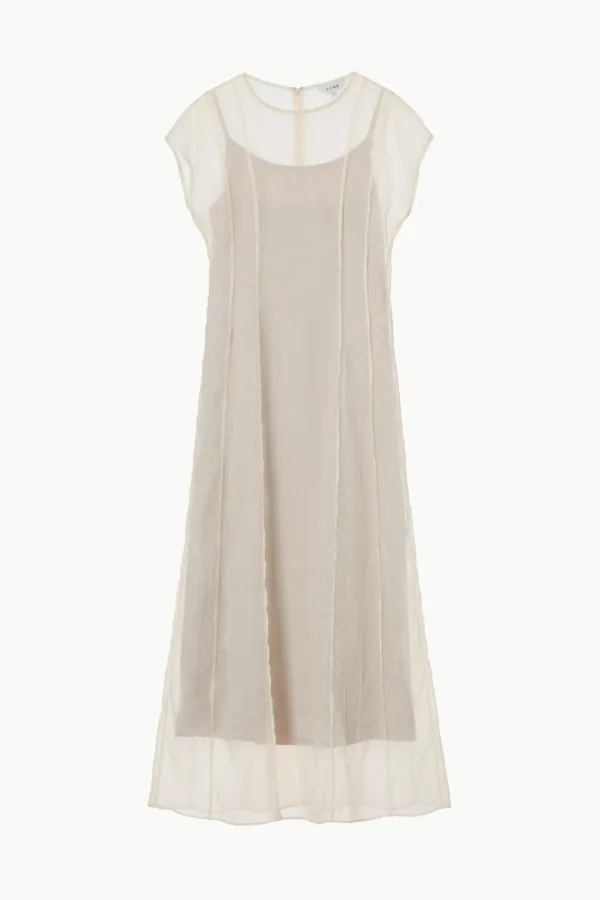 Pintuck Sheer Layered Long Dress, Light Beige