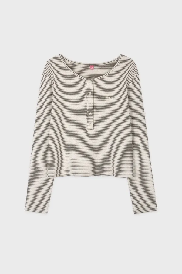 SN Henley Neck Stripe Long Sleeve T-shirt (Ivory)
