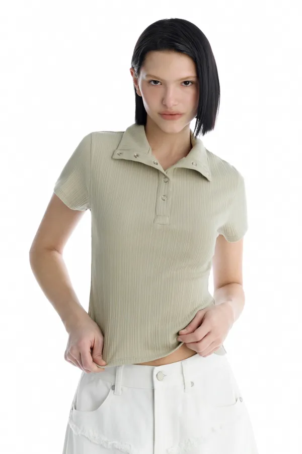 Snap Band Collar T-Shirt [ Beige ]