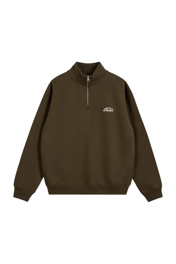 HALF ZIP-UP LOGO SWEAT SHIRT-BROWN