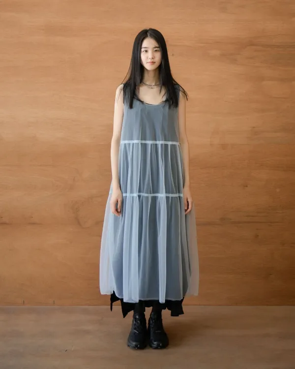 layered mesh tuck dress (open, 단독 주문 시 선발송)