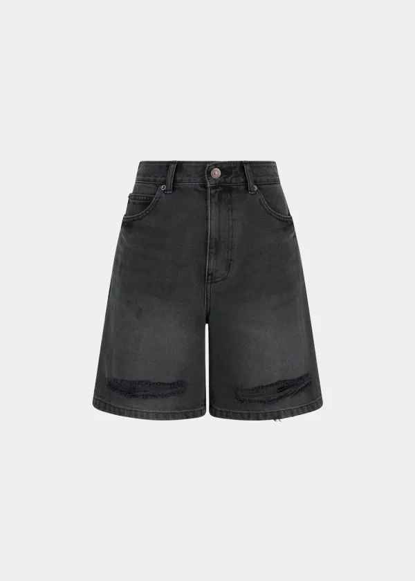 W DESTROYED WASHED DENIM SHORTS - BLACK