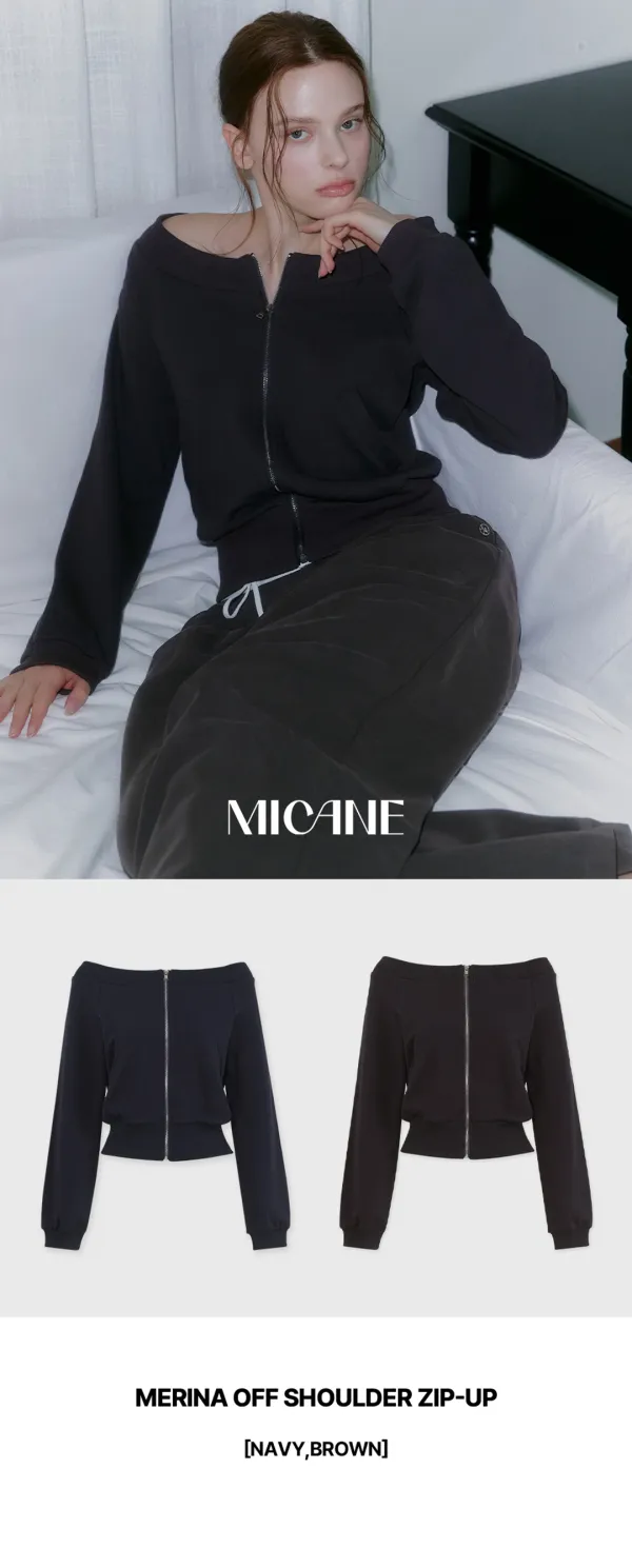 [44-120]  Merina Off Shoulder Zip-up  메리나 오프숄더 집업 (가을-봄-데일리룩-출근룩-데이트룩-페미닌-빈티지-캐주얼-간절기아우터-간절기코디-집업-오프숄더-긴팔집업-슬림핏-자체제작)