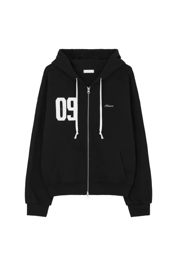 09 Numbering hooded zip-up, Black