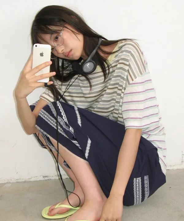 MIX STRIPE CONTRAST OVER FIT T SHIRT BROWN BLUE