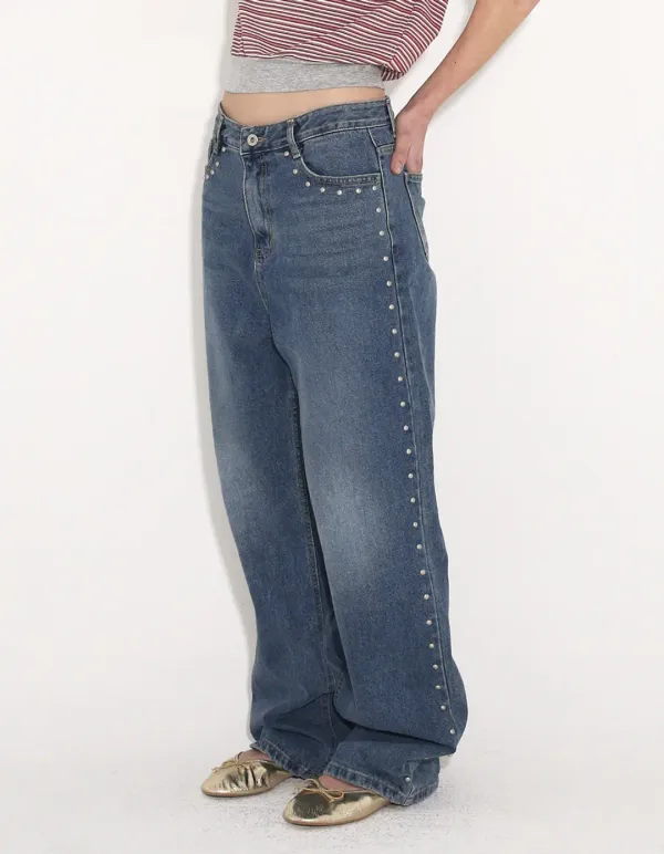 SS STUDDED WASHED JEANS, BLUE