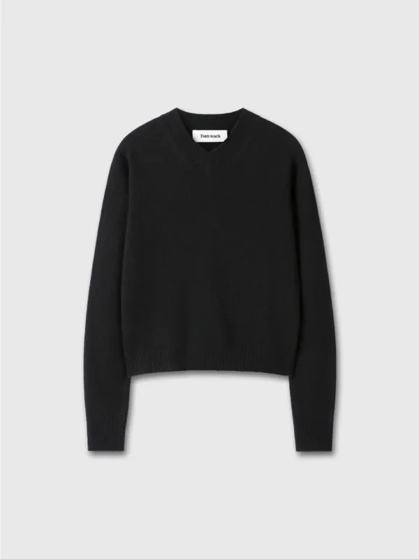 (W) CROPPED V-NECK WOOL SWEATER_ BLACK