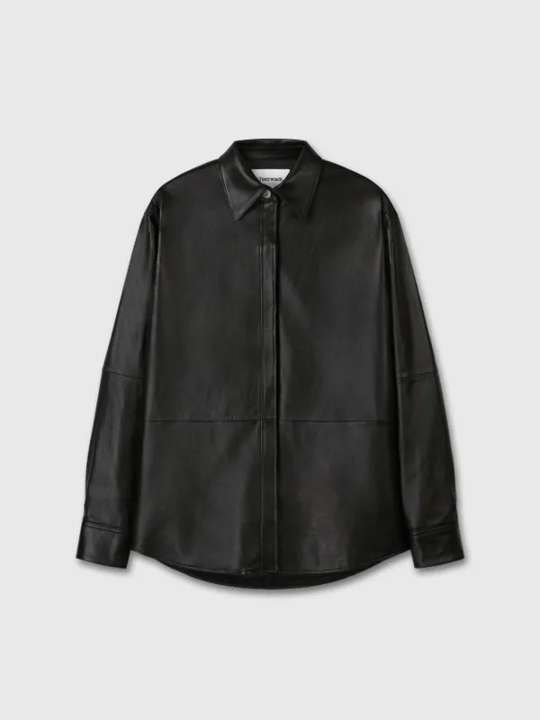 (W) LEATHER HIDDEN BUTTON SHIRT_ BLACK