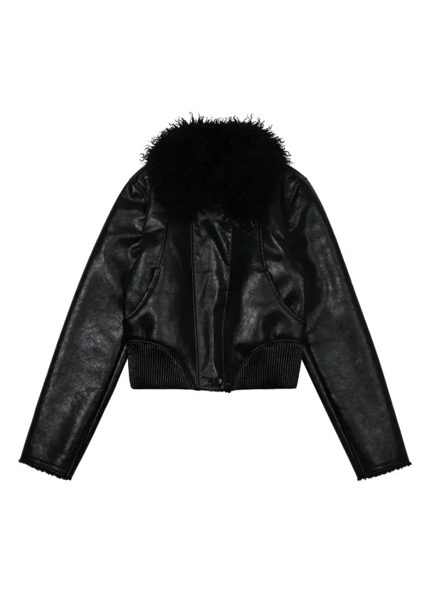 FAUX LEATHER SHEARLING SMOCKING JUMPER, BLACK