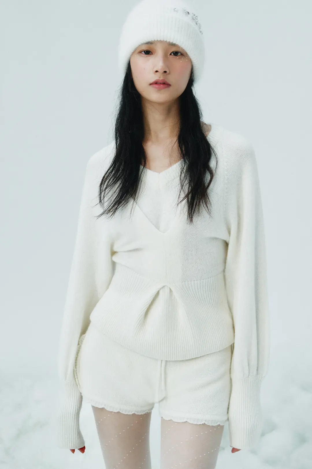 CASHMERE TUCK V NECK KNIT_TT4W309IV
