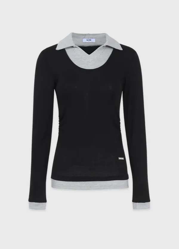 [44-120]  Russell Contrast Layered Collar Tee  러셀 컨트라스트 레이어드 카라 티 (가을-봄-데일리룩-오피스룩-출근룩-하객룩-페미닌-클래식-티셔츠-긴팔티셔츠-카라넥-카라티셔츠-레이어드-슬림핏-다이마루-자체제작)