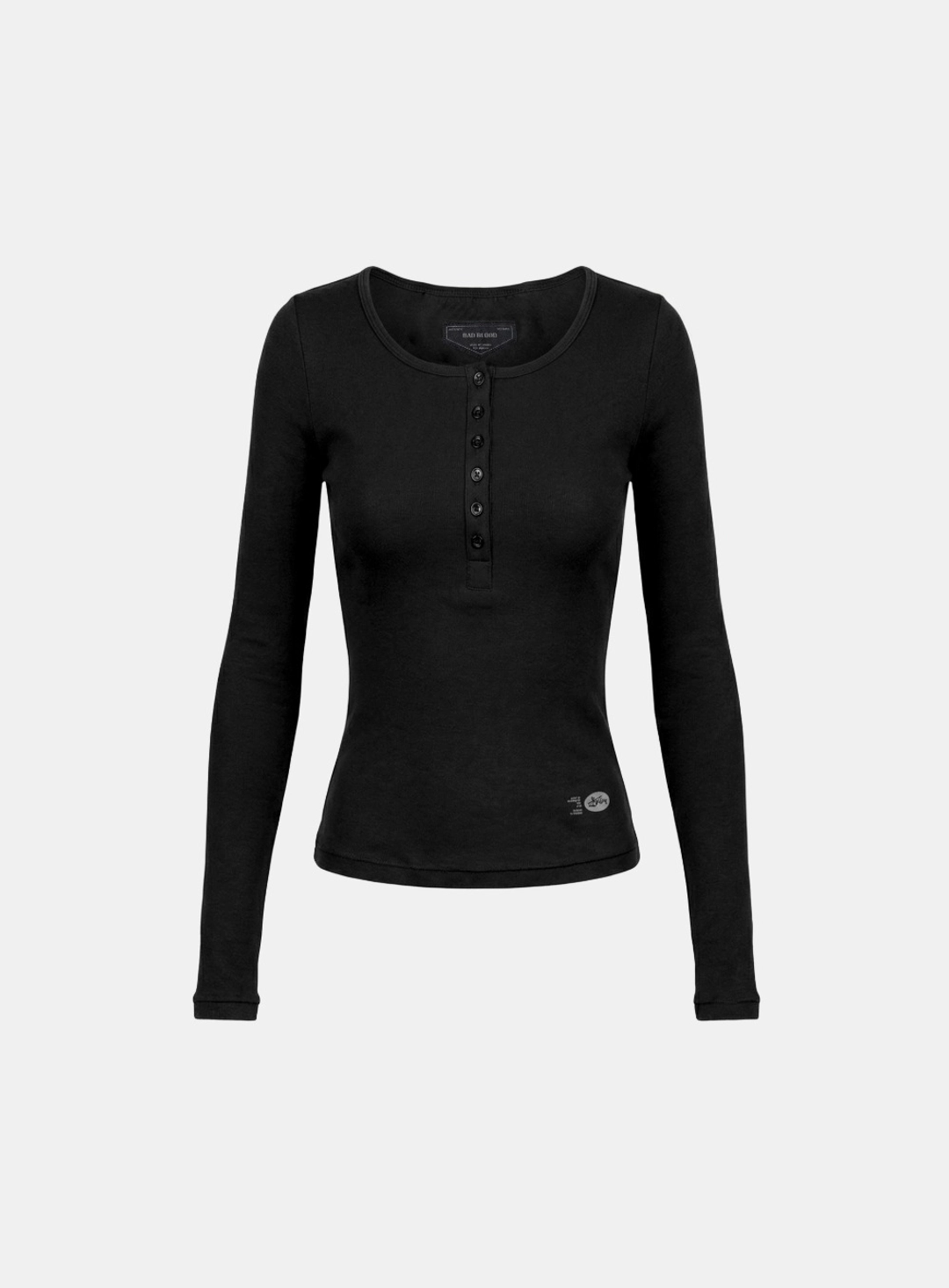 배드블러드 [w-tee26-044] BS Cotton Jersey Fitted Henley Neck Long Sleeve T-Shirt - Black 상품 이미지 2