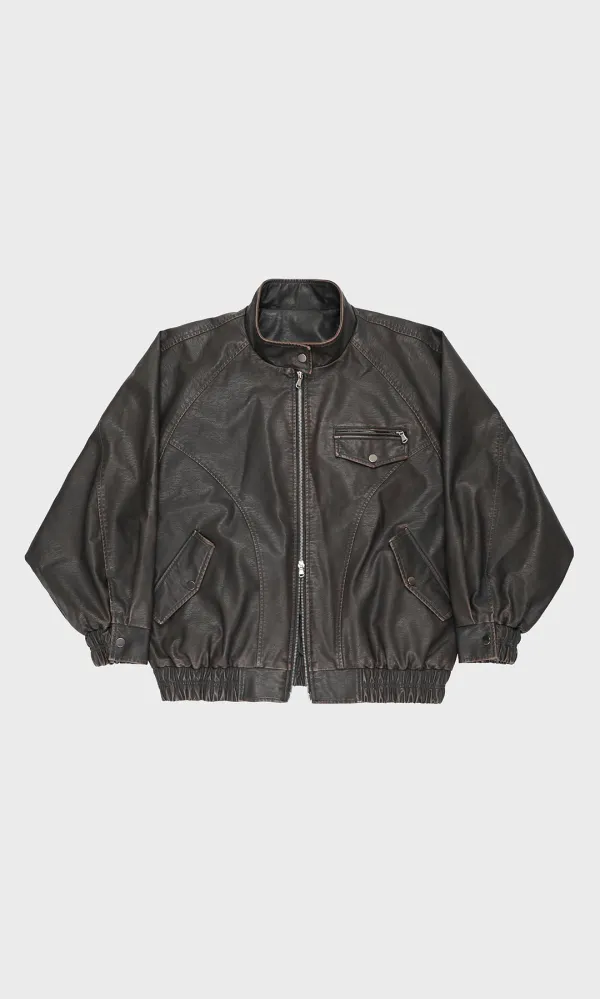 Washed Faux Leather Blouson_Brown