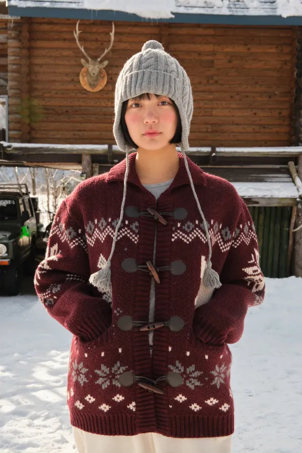 Tree Cat Wool Cowichan Cardigan - Burgundy