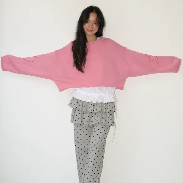 HEART STAR HAND STITCH OVERFIT CROP KNIT PINK