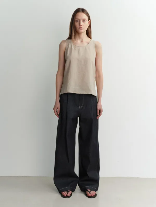 Wide Tuck Denim Pants (Blue)
