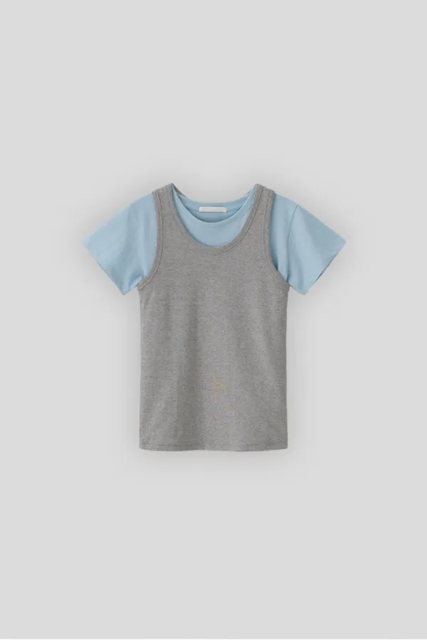 (1st re-stock) T/T Dual layered sleeve top (gray)